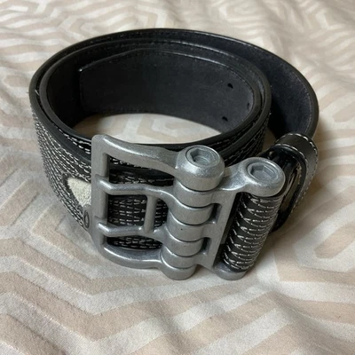 Кожаный ремень Oakley черный с серой строчкой и двойной пряжкой - Изображение 1 из 4