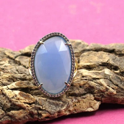 Anello anniversario zirconi calcedonio gioielli argento sterling 925 placcato... - Immagine 1 di 4