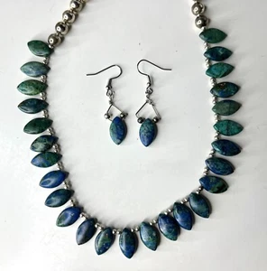 Chrysocolla Silver Bead 20.5” Necklace Dangle 2” Earrings Set Elliptical Shape - Picture 1 of 5
