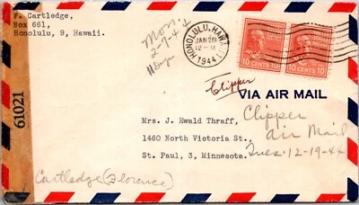 UNITED STATES 1944 WWII CENSORED AIRMAIL COVER VIA CLIPPER CANC HONOLULU HAWAII - Image 1 of 2