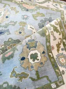 Green Blue Hand Knotted Oushak Rug Turkish Wool Area Carpet For Living Room 9x12 - Picture 1 of 10