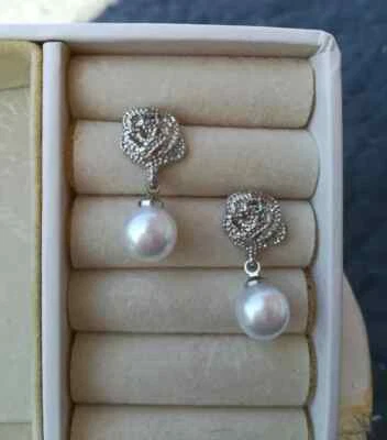 ORECCHINI GOCCIA PERLA BIANCA CON ROSA D'ARGENTO, ORECCHINI DA SPOSA CON ZIRCONI - Immagine 1 di 4