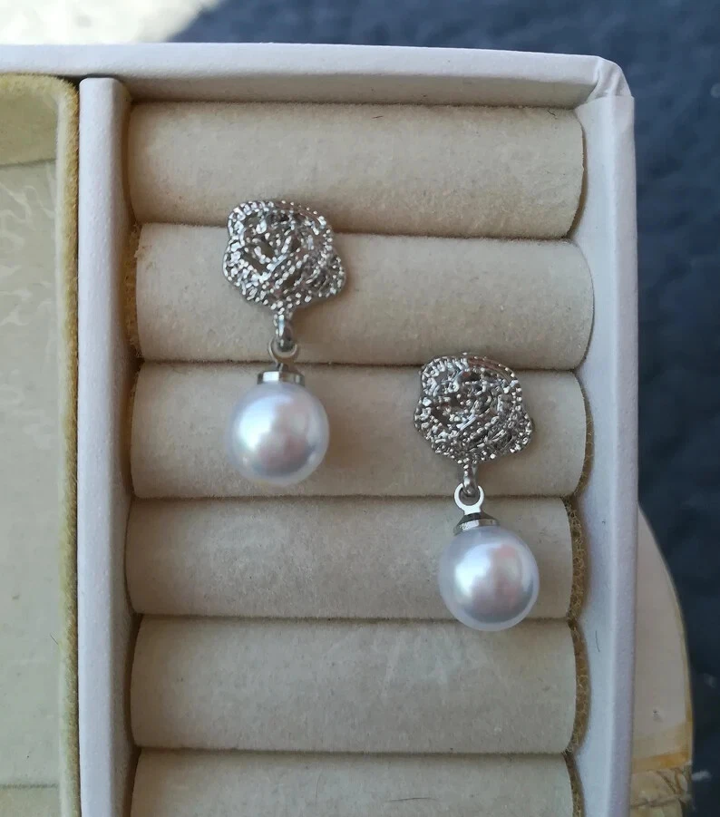 ORECCHINI GOCCIA PERLA BIANCA CON ROSA D'ARGENTO, ORECCHINI DA SPOSA CON ZIRCONI - Immagine 1 di 4