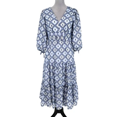 Calvin Klein Dress Womens 4 Blue White Textured Chiffon Back Zip Tiered Coastal - Image 1 of 4