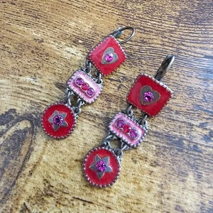 Orecchini pendenti vintage Y2K clip on cuori smaltati rossi rosa con strass - Foto 1 di 3