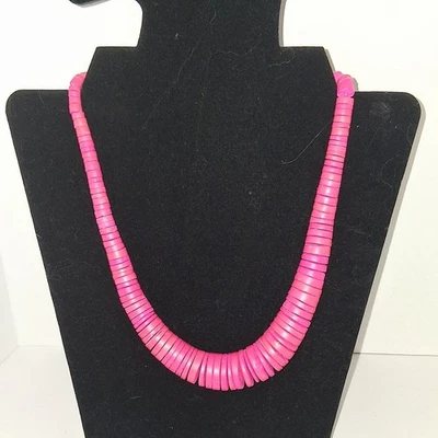 Hot Pink Heishi Shell Wood Bead Necklace Tropical Statement Retro Graduated Size - Image 1 of 4