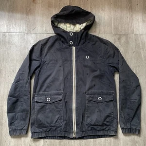 Fred Perry Jacket Mens Japan Large polka dot full zip Navy Hooded Parka Coat - Picture 1 of 7