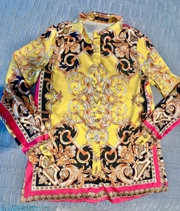 Banjul Beautiful Designer Blouse Bright Yellow Hot Pink Sz S Button Up Lg Sleeve - Picture 1 of 5
