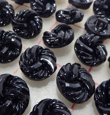 36 Black Czech Pressed Glass Shank Buttons Spiral Facet Design 9/16" 14mm #464 - Image 1 of 4