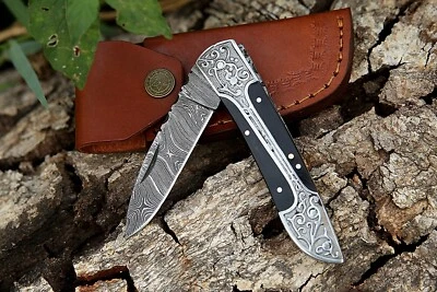 Damascus handmade Folding Knife Pocket knife camping Hunting Knife with Pouch - Image 1 of 4