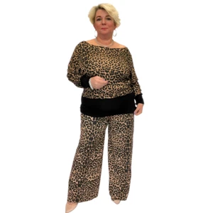WOMENS OUTFIT LADIES LEOPARD PRINT TWO PIECE SET PALAZZO TROUSERS + BATWING TOP - Picture 1 of 5