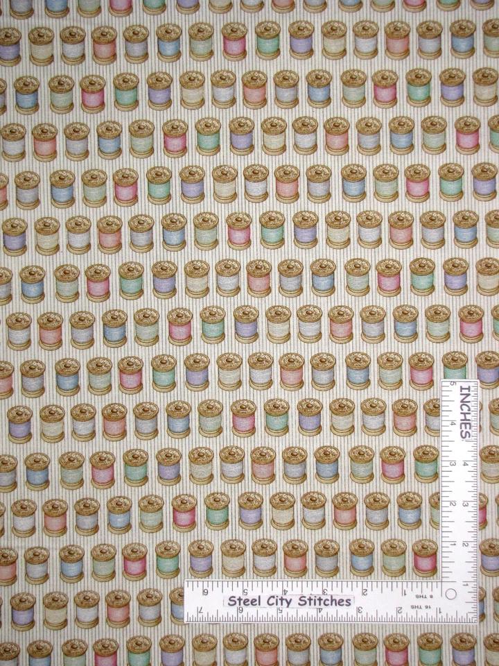 Multi Thread Spools In Rows Ecru Cotton Fabric QT Cute As A Button By The Yard - Image 1 of 1