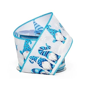 2.5" Wide Blue/White Christmas Gnomes & Snowflakes Wired Satin Ribbon - 10 Yards - Picture 1 of 1