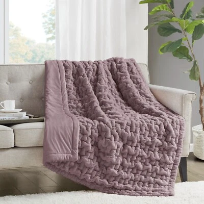 Madison Park Modern Solid Ruched Fur Faux Throw Blanket Soft Cozy 50"x60" - Image 1 of 4
