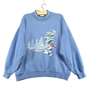 WHIMZ Women's Christmas Holiday Sweatshirt XL Long Sleeve Blue Crew Neck - Picture 1 of 15