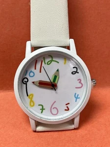 Orologio Insegnante Nuovo Con Lancette Matita Cinturino Pelle Bianco Quarzo - Foto 1 di 4