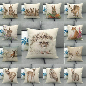 Linen Pillow Case Throw Cushion Cover Home Decor Animal Rabbit Fox Hedgehog Xmas