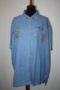Bobbie Brooks Sz 26W/28W Blue Denim Button Up Top Embroidered Ducks Apples - Bild 1 von 8