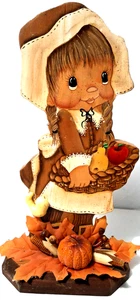 Vintage 2003 Hand Crafted Thanksgiving Pilgrim Girl Solid Wood 11" Tall Signed - Picture 1 of 8
