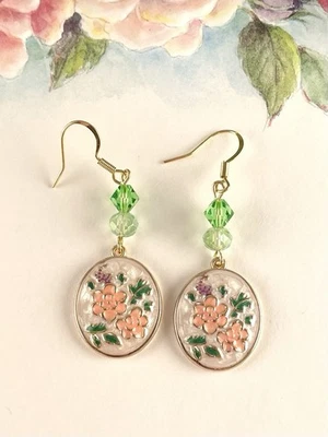 Овальный белый цветочный зеленый кристалл Золотые серьги женщин ручной работы ремесленника ювелирных изделий - Изображение 1 из 4