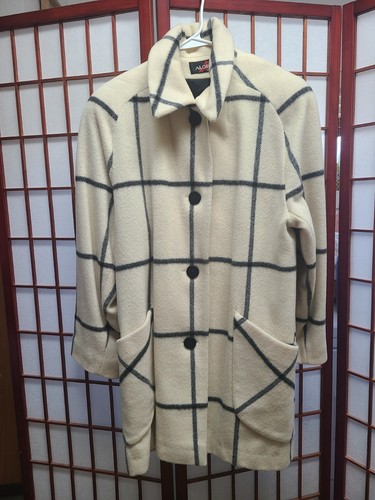 OFF WHITE Cappotto donna Alorna 1 x anni 60 vintage nero bianco a quadri lana Union USA 42" circonferenza petto 34" L