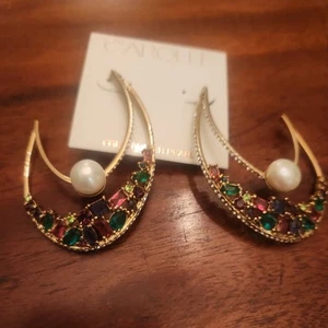 Carolee Gold Tone earrings with Freshwater Pearls Drama Hoop Out All Night NWT - Picture 1 of 6