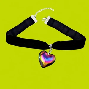 BLACK VELVET CHOKER & RAINBOW VITRAIL GLASS HEART PENDANT collar necklace 16" 6D - Picture 1 of 4