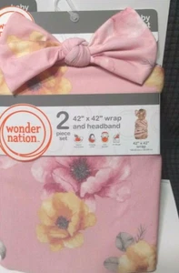 Baby Girl Swaddling Blanket 42x42" Bow Headband Pink Wrap Set Shower Gift snC - Picture 1 of 9