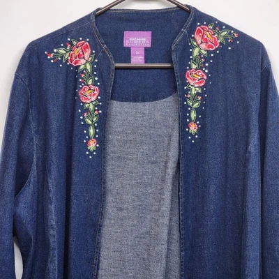 1X Chaqueta de mezclilla azul bordada con estrás Suzanne Somers para mujer Foto 1 de 4