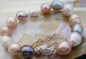 AAA 10-12mm natural south sea Multicolor Baroque pearl Bracelet 14K White Gold - Picture 1 of 6
