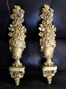 Floral Wall Chalkware Hanging Set Of 2 Ornate MCM Hollywood Regencey Vtg Topiary - Picture 1 of 6