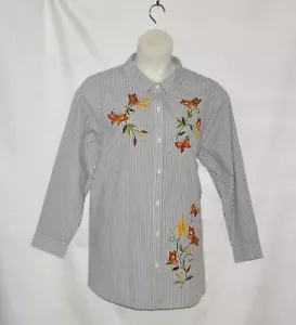 Quacker Factory Embroidered Striped Button Front Shirt Size S Grey - Picture 1 of 2