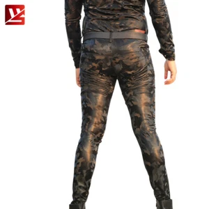 Mens PU Leather Casual Trousers Slim Feet Tights Printed Camouflage Pencil Pants - Picture 1 of 10