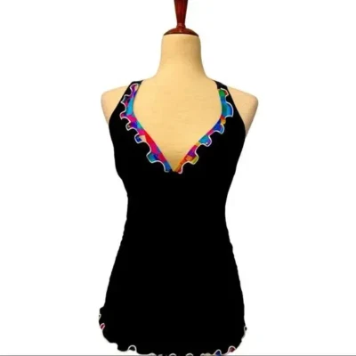 Profile by Gottex Tankini Halter V-neck Black Multi Color Ruffle Trim Padded 8 - Image 1 of 4
