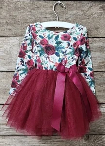 Infant Girls Christmas Dress 6-12 Month Red Green Tulle Bow Floral STRETCH Knit - Picture 1 of 6