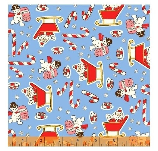 Tela de Navidad - Candy Cane Lane 30s Repro muñeco de nieve trineo azul - Windham YARD Foto 1 de 1