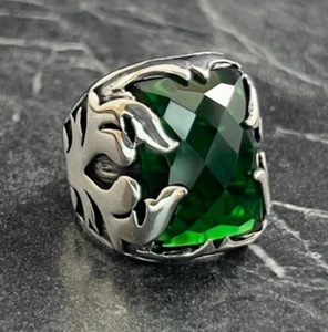 Handmade Square Emerald Stone Silver Ring , Mens Light Green Gemstone Ring - Picture 1 of 10