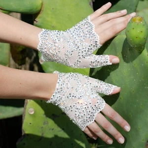 Kristin Perry Sheer Fingerless Lace Crystal Bridal Gloves - Picture 1 of 10