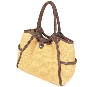 FOSSIL Medium Leather Handle Woven Straw Beige Brown Hobo Satchel Purse ZB2591  - Picture 1 of 11