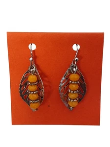 Handcrafted SILVERTONE LEAF WITH ORANGE BEADS Dangle Earrings HYPOALLERGENIC - Picture 1 of 24