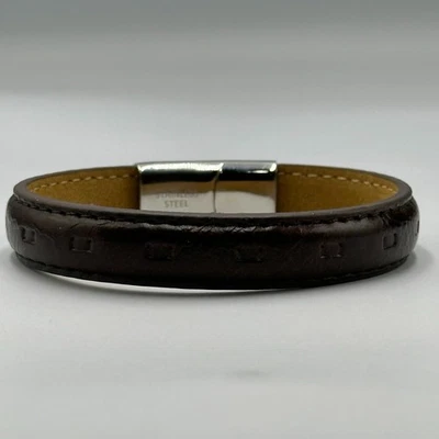 Pulsera de cuero para hombre banda cosida marrón cierre de acero inoxidable informal 8,25" Foto 1 de 4