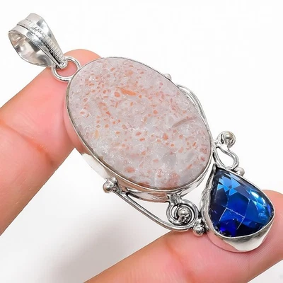 Fossil Corallo, Topazio Gemma Artigianale 925 Argento Sterling Ciondolo Gioielli - Immagine 1 di 4