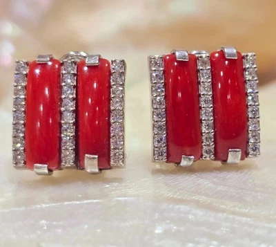 Orecchini In Corallo E Zirconi Con Montatura In Argento 925, Artigianale - Immagine 1 di 4