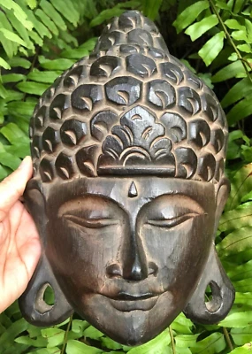 Máscara de Buda balinesa hecha a mano estatua de madera estatuilla arte de pared tallado colgante Foto 1 de 4