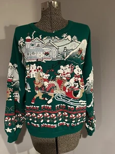 Vintage VKC 1991 Pufffarbe Glitzer Weihnachten Sweatshirt grün hässlich 90er Jahre Katze Glitzer - Bild 1 von 11