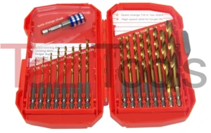 17pc Drill Bit set Quick Change 1/4" Shank & Chuck Titanium Coated HSS W / Case - Picture 1 of 2