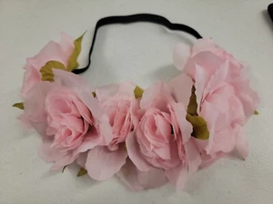 Festival Bridal Pink Flower Hair Crown Wreath Garland Headband 6 flowers elastic - Picture 1 of 4