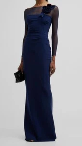 $1091 Chiara Boni Women's Blue Illusion-Sleeve Flower Column Gown Dress Size 42 - Picture 1 of 4