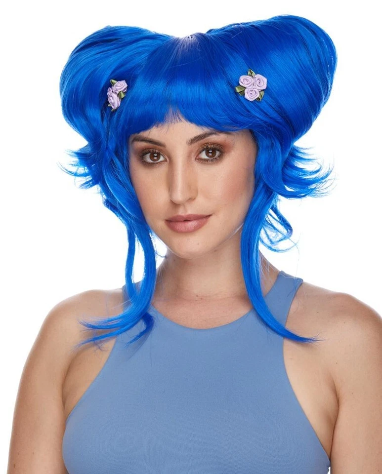 ADULT WOMENS LADY YUKI JAPANESE ANIME STYLE COSTUME WIG WITH BIG BUNS DARK BLUE - Image 1 of 1