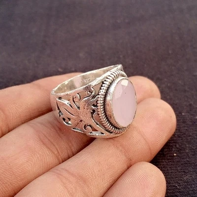 Rose Quartz Ring Man's 925Sterling Silver Handmade Statement Designer Ring B142 - Image 1 of 4
